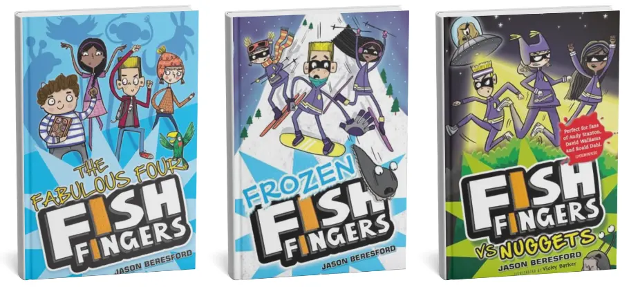 Covers of The Fabulous Four Fish Fingers trilogy by Jason Beresford